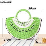 Watermelon Shape Straw Beach Bag Wood Handle Handbag Round Moon Wrapped Bag
