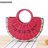 Watermelon Shape Straw Beach Bag Wood Handle Handbag Round Moon Wrapped Bag