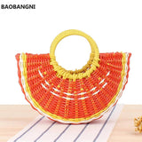 Watermelon Shape Straw Beach Bag Wood Handle Handbag Round Moon Wrapped Bag