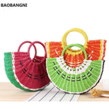 Watermelon Shape Straw Beach Bag Wood Handle Handbag Round Moon Wrapped Bag