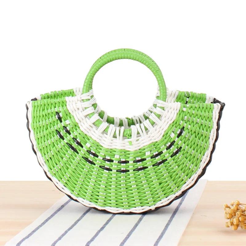 Watermelon Shape Straw Beach Bag Wood Handle Handbag Round Moon Wrapped Bag