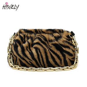 Winter Plush Chain Shoulder Bag Retro Cow Pattern Underarm Handbag