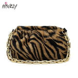 Winter Plush Chain Shoulder Bag Retro Cow Pattern Underarm Handbag