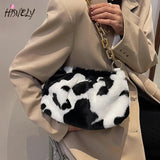 Winter Plush Chain Shoulder Bag Retro Cow Pattern Underarm Handbag