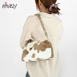 Winter Plush Chain Shoulder Bag Retro Cow Pattern Underarm Handbag