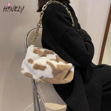 Winter Plush Chain Shoulder Bag Retro Cow Pattern Underarm Handbag