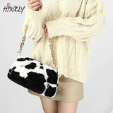 Winter Plush Chain Shoulder Bag Retro Cow Pattern Underarm Handbag