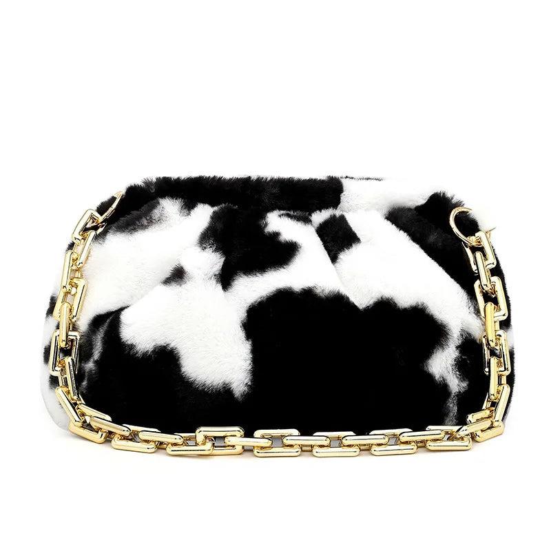 Winter Plush Chain Shoulder Bag Retro Cow Pattern Underarm Handbag