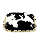 Winter Plush Chain Shoulder Bag Retro Cow Pattern Underarm Handbag