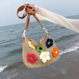 Woven Straw Beach Bag Rattan Handbag Floral Travel Messenger Bag