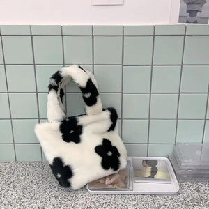 Vintage Plush Handbags Winter Small Shoulder Bags Flower Pattern Tote Clutch