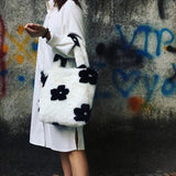 Vintage Plush Handbags Winter Small Shoulder Bags Flower Pattern Tote Clutch