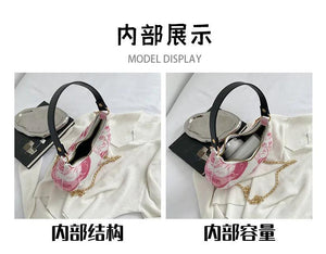 Floral Print Chain Crossbody Bag Half Moon Handbag