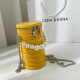 Snake Pattern Cylinder Shoulder Bag For Women PU Chain Crossbody Bucket Handbag