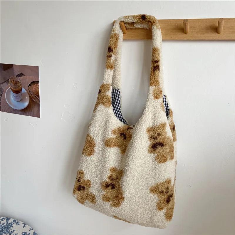 Women's Lamb Fabric Shoulder Bag Large Capacity Embroidery Shopper Bags