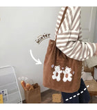 Women Corduroy Shoulder Bag Lucky Bears Embroidery Handbag