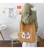 Women Corduroy Shoulder Bag Lucky Bears Embroidery Handbag
