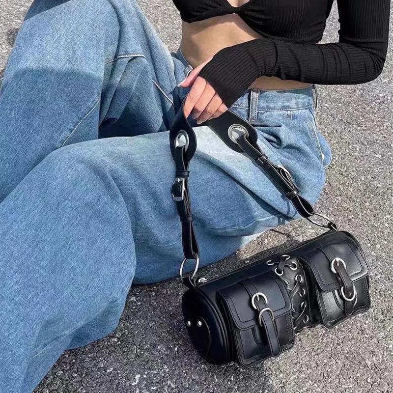 Vintage Women Cylinder Underarm Bag Double Pocket Ladies Shoulder Bag