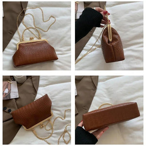 Vintage Chain Shoulder Bag Clip Handbags Solid Pu Leather Crossbody Bags