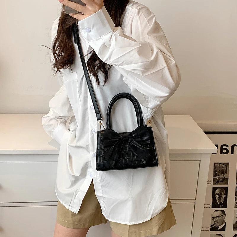 Texture Bow Handbag Solid Women's Shoulder Messenger Bag