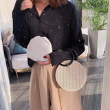Retro Straw Handbag Women Chain Messenger Round Bag Beach Vacation