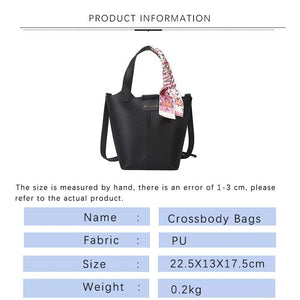 Women Leather Bucket Handbag Silk Scarf Crossbody Bag
