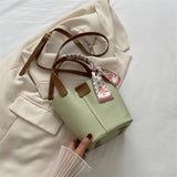 Women Leather Bucket Handbag Silk Scarf Crossbody Bag