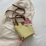 Women Leather Bucket Handbag Silk Scarf Crossbody Bag