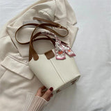 Women Leather Bucket Handbag Silk Scarf Crossbody Bag