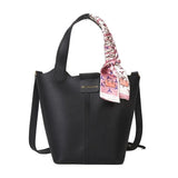 Women Leather Bucket Handbag Silk Scarf Crossbody Bag
