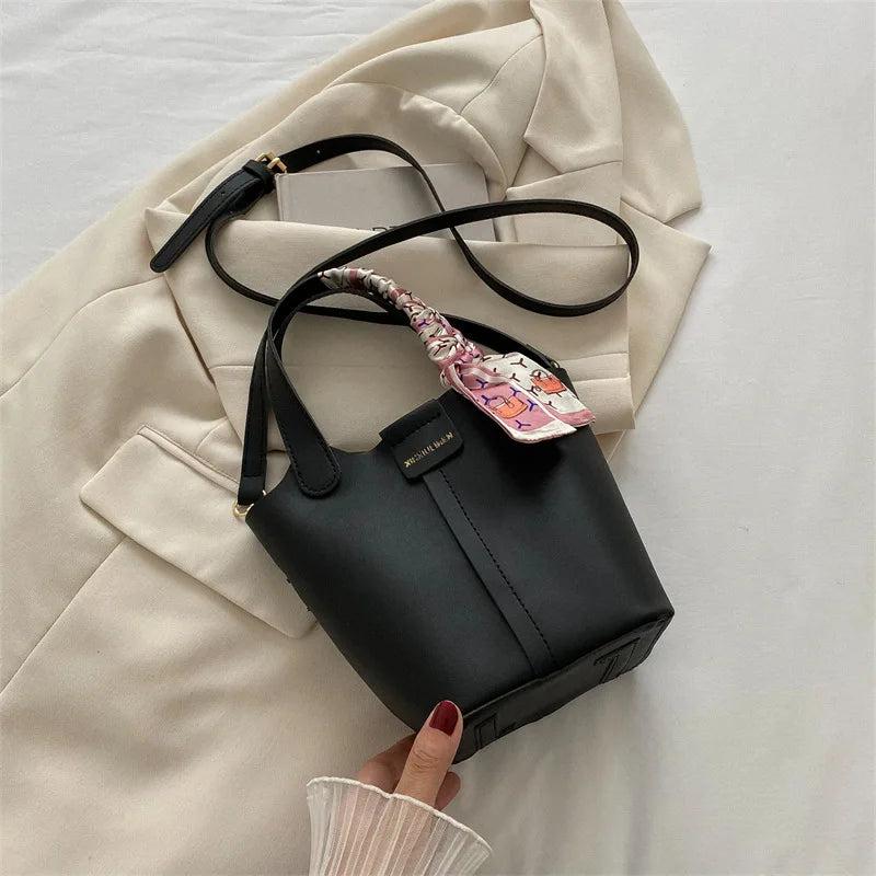 Women Leather Bucket Handbag Silk Scarf Crossbody Bag