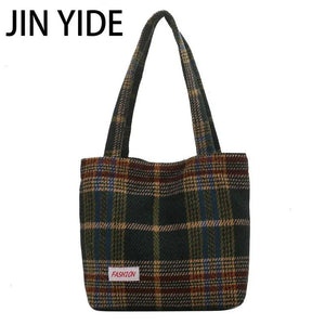 Women's Wool Shoulder Bag Large Capacity Soft Plaid Handbag
