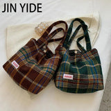 Women's Wool Shoulder Bag Large Capacity Soft Plaid Handbag