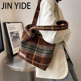 Women's Wool Shoulder Bag Large Capacity Soft Plaid Handbag