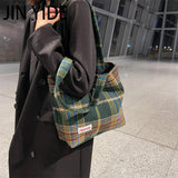 Women's Wool Shoulder Bag Large Capacity Soft Plaid Handbag