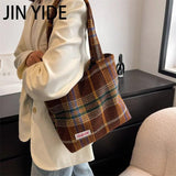 Women's Wool Shoulder Bag Large Capacity Soft Plaid Handbag