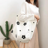 Floral Shoulder Bag Canvas Tote Large Capacity Embroidery Student Book Handbag