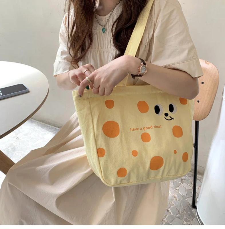 Cheese Print Canvas Shoulder Bag Women Tote Style Single Shoulder Bags
