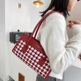 Women PU Leather Houndstooth Splicing Shoulder Bag