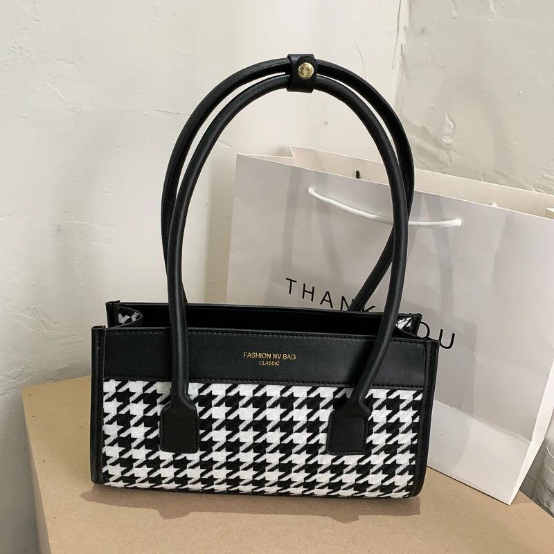 Women PU Leather Houndstooth Splicing Shoulder Bag