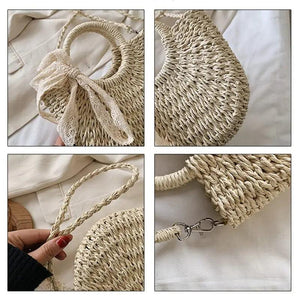 Half-Round Rattan Woven Straw Bag Summer Women Messenger Crossbody Bags