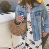Half-Round Rattan Woven Straw Bag Summer Women Messenger Crossbody Bags
