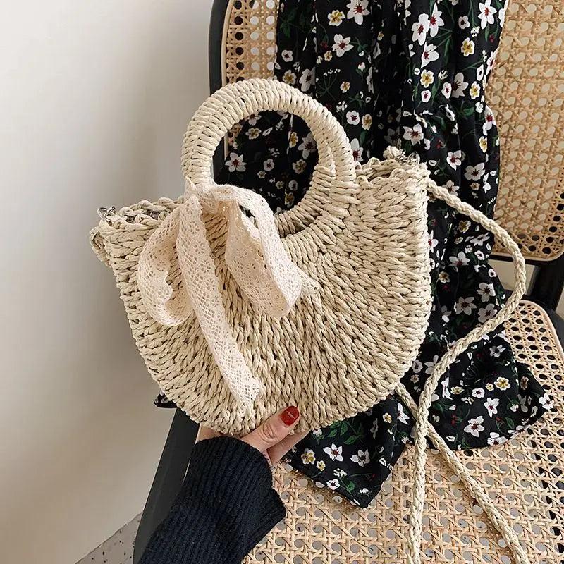Half-Round Rattan Woven Straw Bag Summer Women Messenger Crossbody Bags