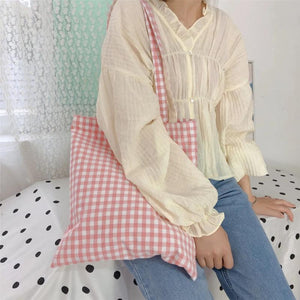 Plaid Canvas Shoulder Bag Eco-Friendly Large Shopping Handbag