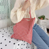 Plaid Canvas Shoulder Bag Eco-Friendly Large Shopping Handbag