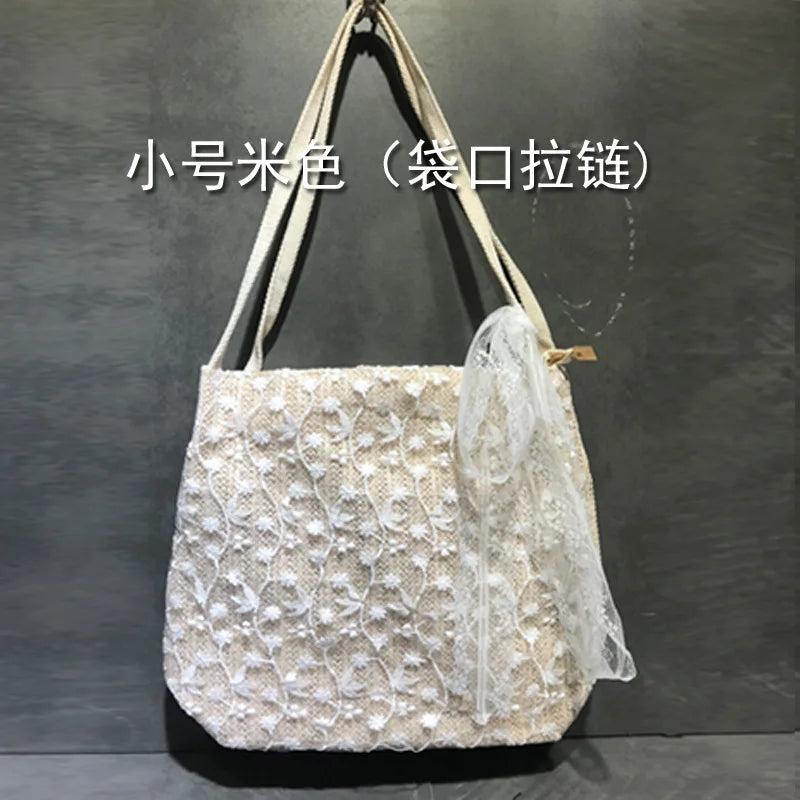 Women Lace Woven Shoulder Bag Embroidered Bucket Beach Bags