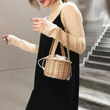 Women Straw Woven Bucket Bag Beach Travel Tote Handbag