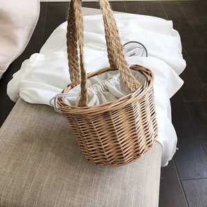 Women Straw Woven Bucket Bag Beach Travel Tote Handbag