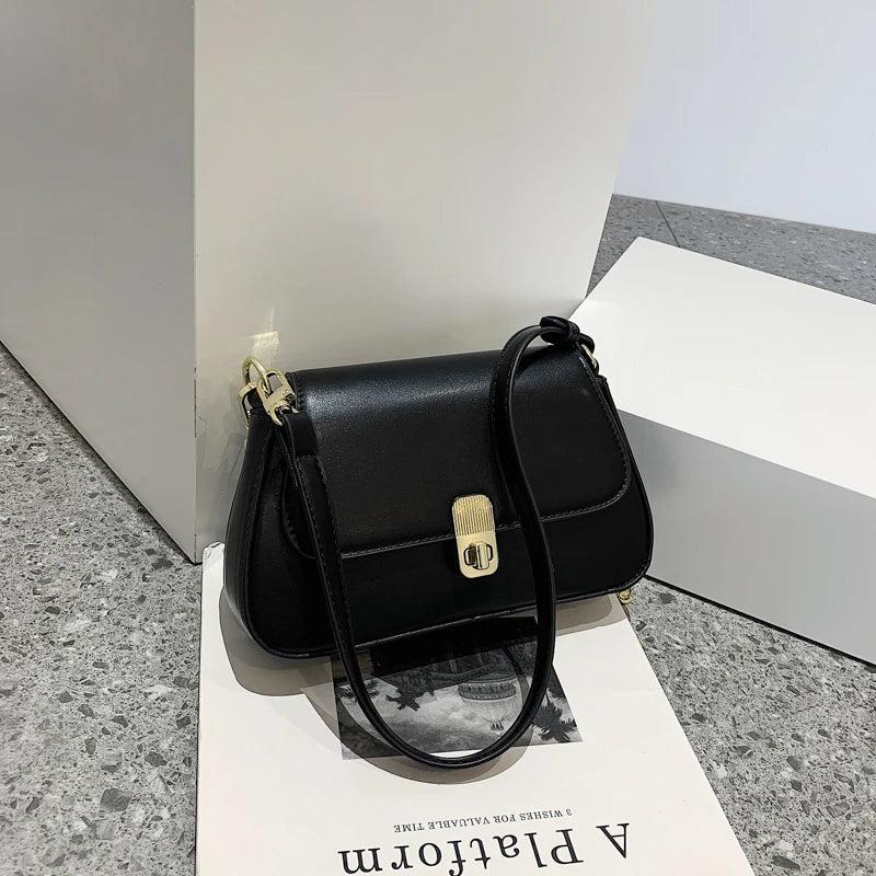PU Leather Women Underarm Bag Retro Solid Ladies Baguette Handbags
