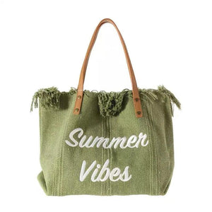 Women Letters Canvas Embroidery Shoulder Messenger Tote Beach Bag